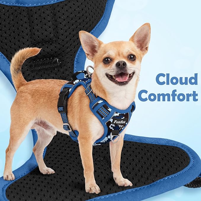 Funfox Dog Harness No Pull, Adjustable Pet Vest Harness, Super Soft Material with Vertical Handle Easy Control, Reflective Night Walking, 2 Leash Clips for Small Sized Dogs, Mosaic Blue, S