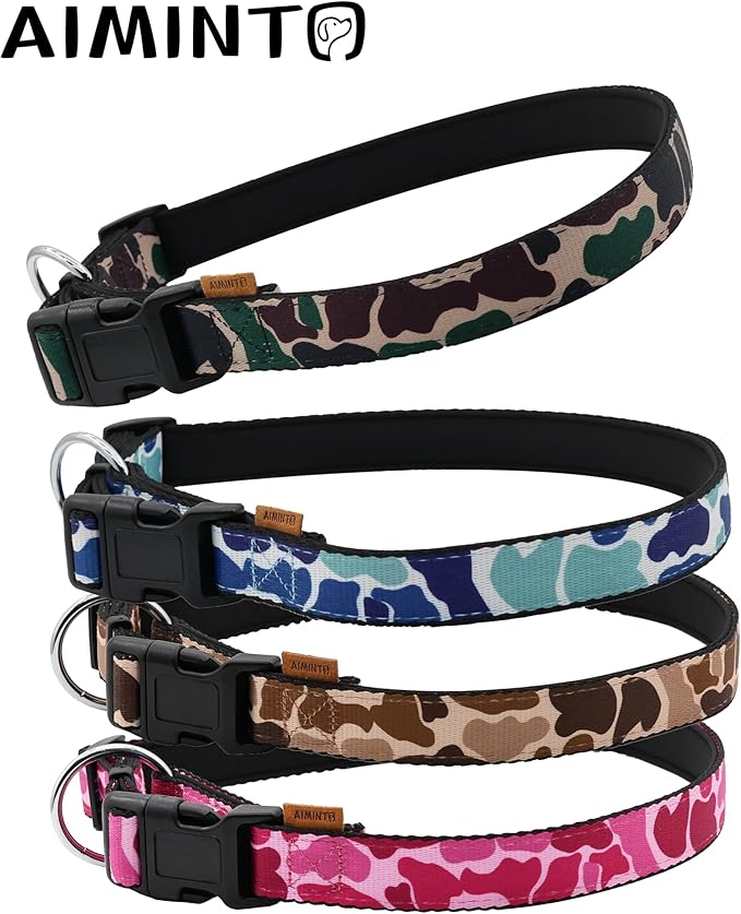 Dog Collar, Cute Floral Pattern, Neoprene Padded and Adjustable Collar with Quick Release Buckle, Reinforced Structure (L (Neck 18-28", Width 1"), Camouflage Pink)