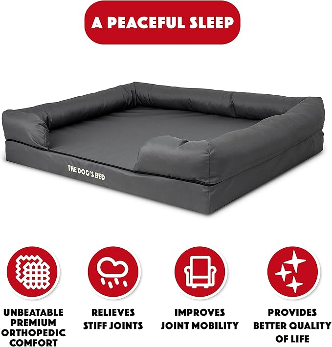 The Dog’s Bed Orthopedic Memory Foam Dog Bed with Bolsters, Oxford Fabric, Grey with Black Trim, XL