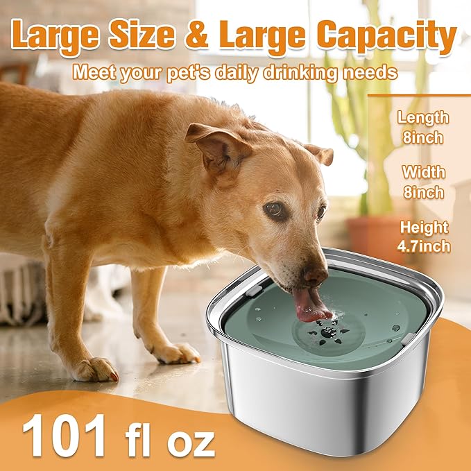 Decflow 3L Stainless Steel Slow Drinking Dog Bowl with Lid, No Spill Travel Dog Water Bowl Dispenser for Large Dogs