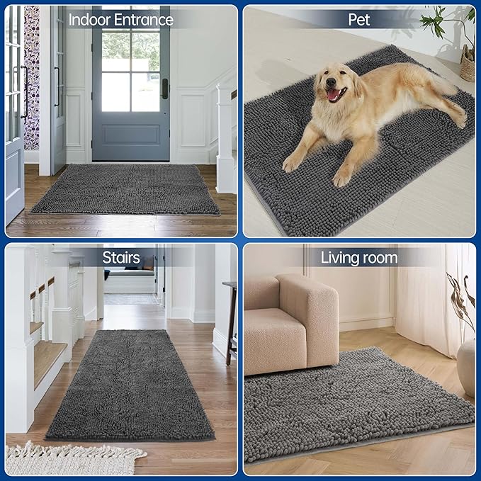 Chenille Absorbent Front Door Mat 96" x 48", Dog Door Mat for Muddy Paws, Trap Dirt Doormat, Mud Mat for Dogs, Washable Non Slip Outdoor Indoor Doormats for Entryway, Grey