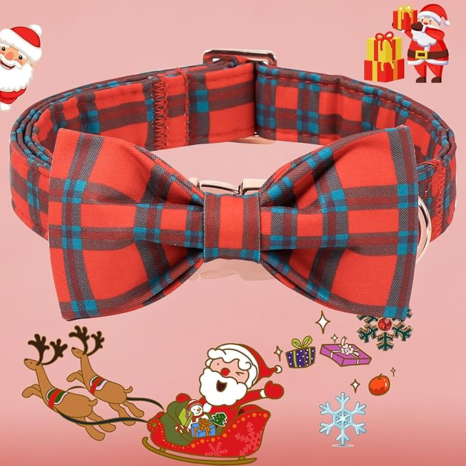 DOGWONG Christmas Dog Collar with Bow Tie, Red Green Plaid Dog Collar Durable Metal Buckle Adjustable Soft & Cute Red Checkered Dogs Collars for Small Medium Large Dogs, M