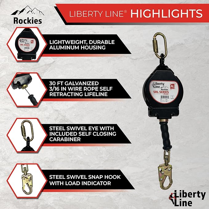 Liberty Line Rockies 30 Foot Aluminum Housing Cable SRL with Snap Hook - Includes Installation Carabiner and Tagline (ANSI)
