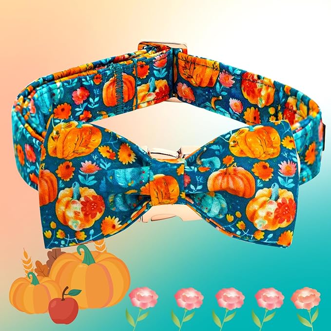Elegant little tail Fall Dog Collar, Halloween Pet Collars with Bow Cute Pumpkin Print Puppy Collar Female or Male Cotton Adjustable Collars for Small Medium Large Dogs