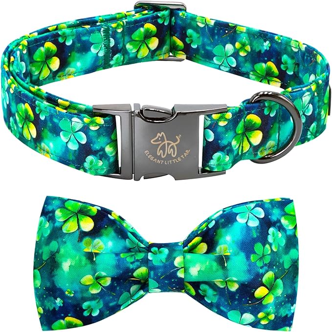 Elegant little tail St Patrick's Dog Collar, Green Cute Colver Cotton Shamrock Pet Collar Trefoil Puppy Collar Bow Holiday Adjustable Cotton Pet Collar for Small Medium Large Dogs