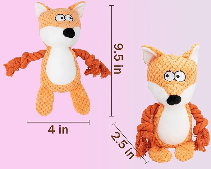 Dog Toy Squeaky Chewing Rope Stuffed Plush Animal with Crinkle Paper Interactive Soft Aggressive S-M-L Pets Gift Holiday Orange Fox