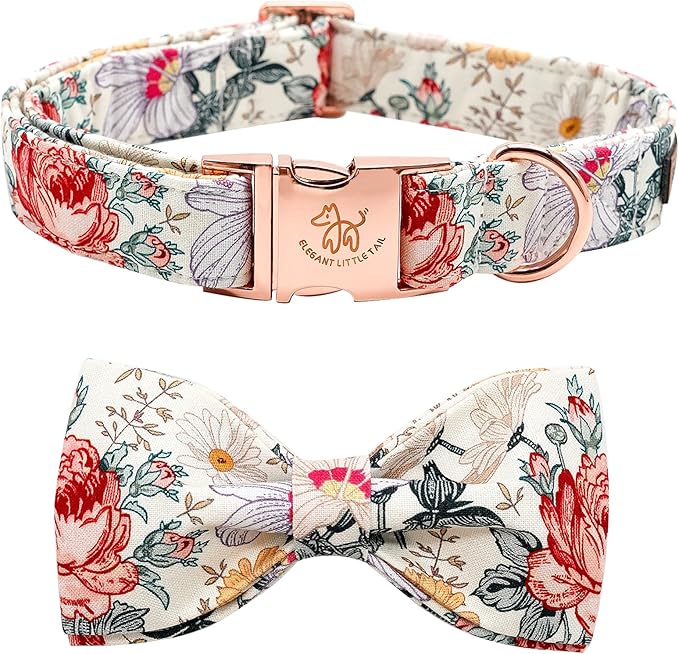 Elegant little tail Vintage Floral Dog Collar with Bow, Comfotable Dog Bowtie, Dog Collar Bow Adjustable Dog Collars for Small Medium Large Dogs