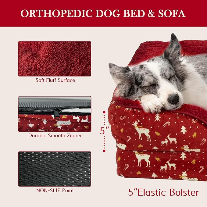 Comfort Expression Orthopedic Dog Bed for Extra Large Dogs 42x30 Inch, Waterproof Egg Crate Foam XL Pet Bed, Gifts for Christmas, Dog Couch with Washable Cover & Non-Slip Bottom, Christmas Red