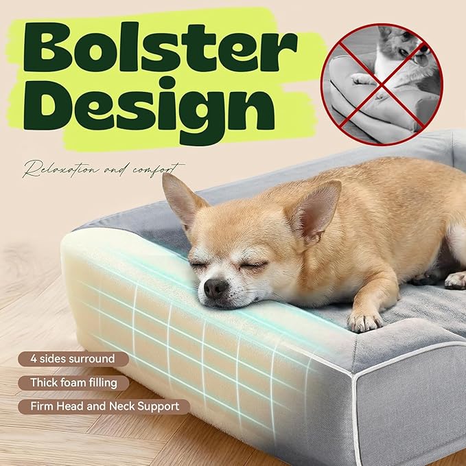 24 Inch Orthopedic Dog Couch Bed for Small Dogs/Cats,Cooling Gel Memory Foam + Egg Crate Foam,Waterproof Removable Washable Cover,4-Sided Bolster,Non-Slip Bottom,Grey