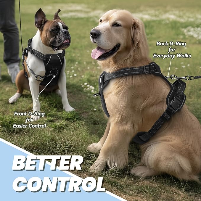 VIVAGLORY Dog Harness Easewalk No Pull Dog Harness with Handle Front Clip & Back Clip for Training Walking Lifting, No Pull Adjustable Easy On Padded Comfortable for Pet, L, Black - Plain