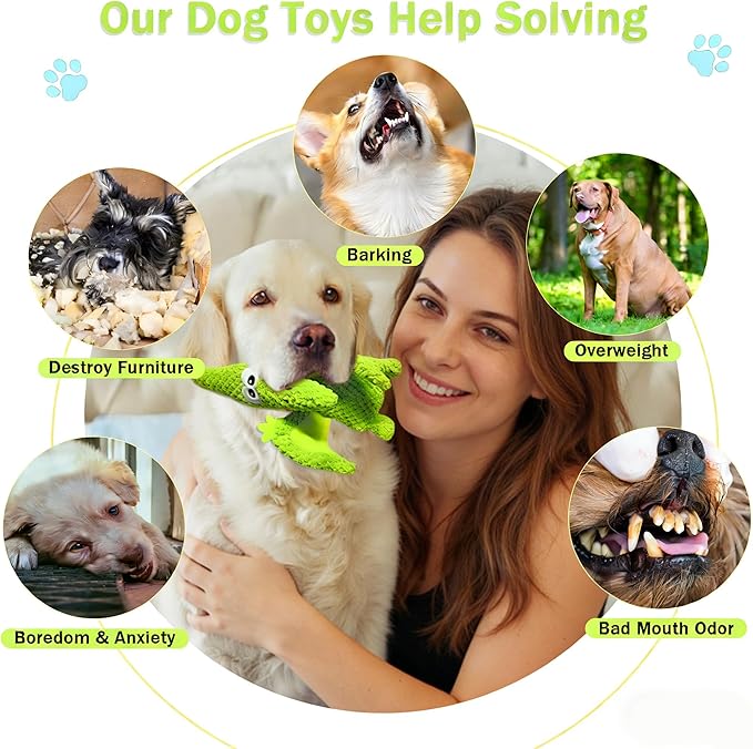 LWBMG Squeaky Dog Toys Plush Dog Toy with Crinkle Paper Dinosaur Dog Toy Stuffed Animals Chew Toy Plush Squeaky Dog Birthday Toys for Small Medium Large Dogs Green