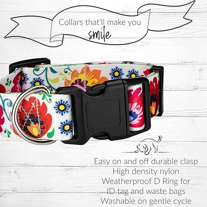 Lucky Love Dog Wide Dog Collar - Adjustable, Durable, Soft Webbing, & Comfortable 1.5 inch Wide Collar for Dogs Male and Female with Strong Buckle - Ladybird, Large