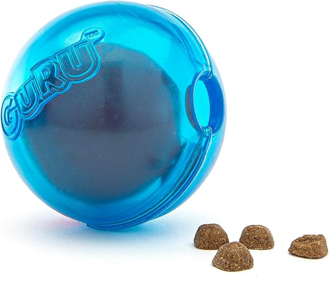 GURU Pet: Guru Ball - Medium Blue - Dog Toy, Hides & Dispenses Treats, Slow Feeding, Easy Loading, Durable Rubber, Roll-Bounce-Spin-Tumble-Solve-Play