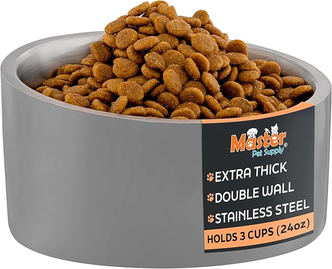Master Pet Supply Stainless Steel Slanted Dog Cat Food Bowl - 24 oz Heavy Duty - Graphite, Double Wall Insulated, Non-Slip Elevated Bowl for French Bulldogs Pugs Cats, Anti Rust Dishwasher Safe