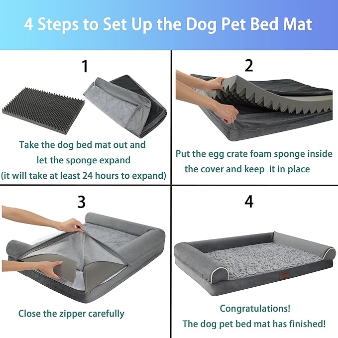 Orthopedic Dog Bed for Large Dogs - Egg Foam Sofa Bed with Waterproof Lining, Removable Washable Cover, Non-Skid Bottom - L 36x27x6.5Inch, Grey