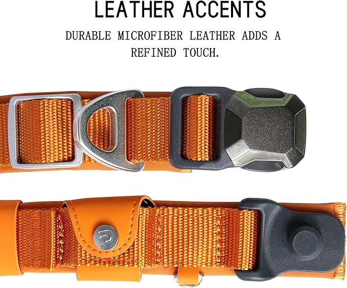 Upgraded Airtag Dog Collar, Adjustable Dog Collar with 450LB Escape-Proof Magnetic Buckle, Soft Anti-Wrinkle, Bite & Stain-Resistant Leather(Amber Glow, XL)