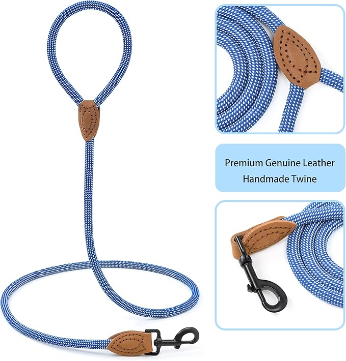 Mile High Life Rope Leash with Genuine Leather Connection, 6 FT/5 FT/4 FT, Heavy Duty Leash for Medium & Large Dogs (Blue White, 48 Inch)