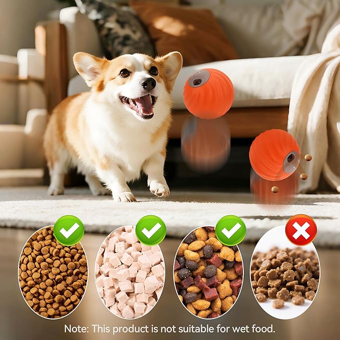 Interactive Dog Ball, USB Rechargeable Automatic Moving Dog Toy with Treat Dispenser, 2.87-Inch Washable TPU Puzzle Ball for Small & Medium Dogs, Exercise & Mental Stimulation (Orange)