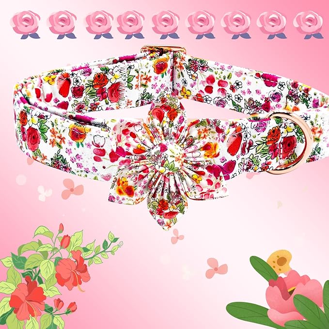 Elegant little tail Dog Collar with Flower, Pink Rose Print Pet Collar Flower Pet Collars Summer Cute Adjustable Dog Collars for Small Dogs