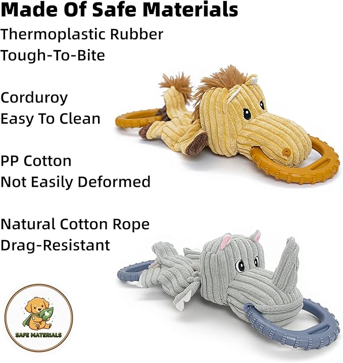 Corduroy Dog Chew Toy with Squeaker and Interactive Rubber Ring for Small Medium Large Breeds - Ideal for Tug of War and Fetch Play (Medium, Rhino)