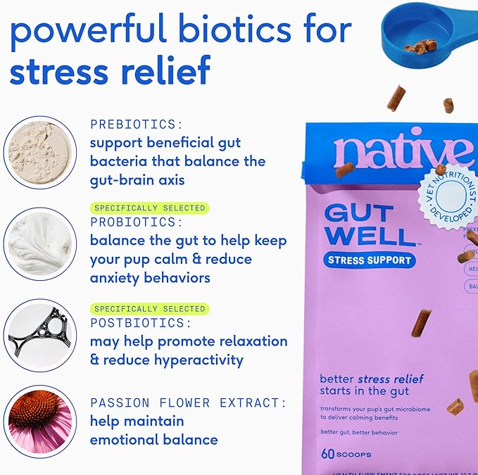 GutWell Stress Support - Dog Anxiety Relief & Calming Treats - Tasty Food Topper for Dog Stress and Anxiety Relief - Support Gut-Brain Axis with Triple-biotic Blend & Magnesium - 120 Scoops