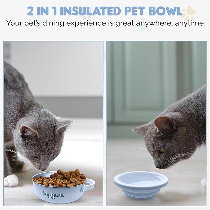 HANARA 2-in-1 Insulated Dog Bowl with Collapsible Lid & Handle – Stainless Steel, Non-Slip Rubber Base – Portable Pet Water & Food Bowl for Dogs & Cats – 30 OZ + 20 OZ – Indoor & Outdoor (Blue)