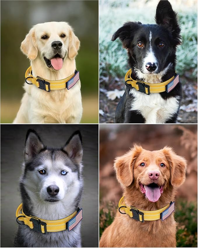 AUBELL Reflective Tactical Dog Collar,Adjustable Military Heavy Duty K9 Collars with Handle and Quick Release Metal Buckle Great for Medium Dogs, with Airtag Case and 2 Patches (Yellow,M)