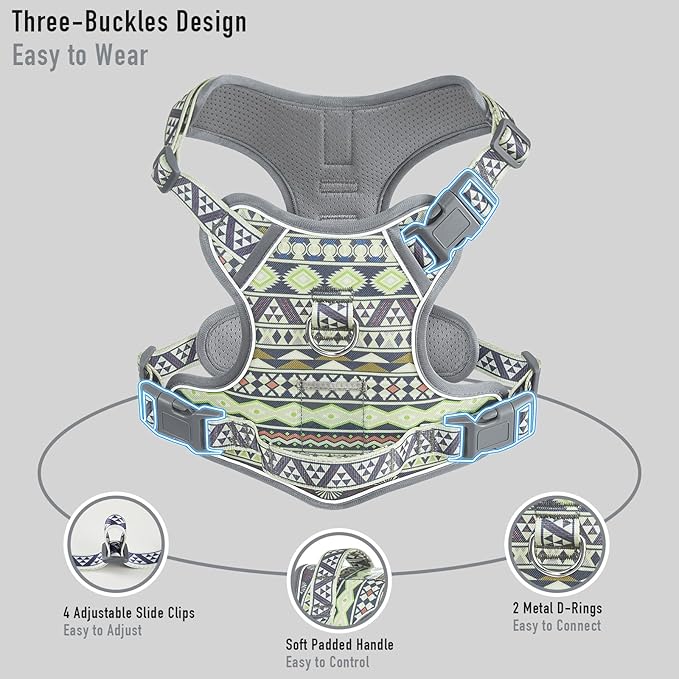 Adjustable Extra Large Dog Vest Harness No-Pull Easy Walking, Cute Pet Harness with Tribal Pattern Breathable Oxford Material 2 Leash Clips and 3 Buckles, German Shepherd, Rottweiler, XL Size