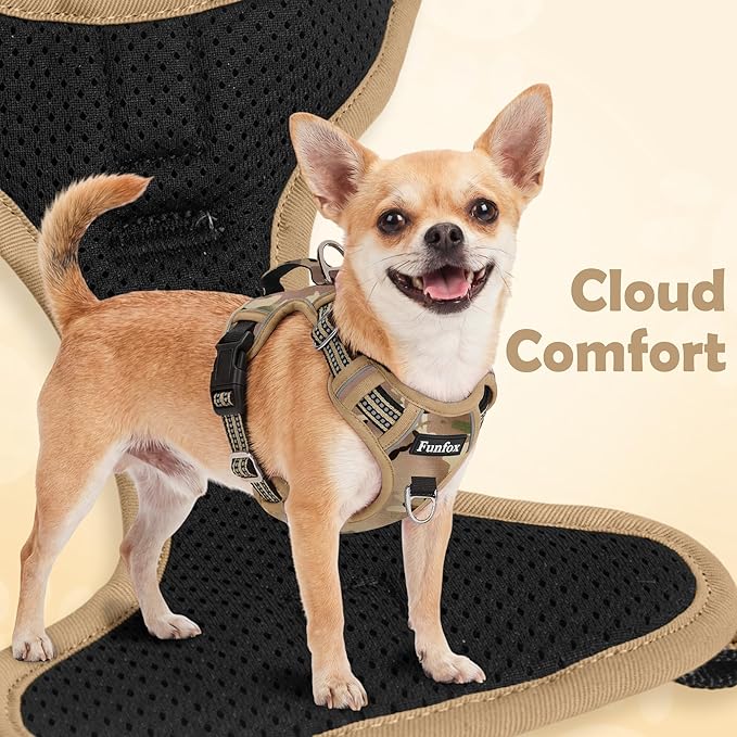 Funfox Dog Harness No Pull, Adjustable Pet Vest Harness, Super Soft Material with Vertical Handle Easy Control, Reflective Night Walking, 2 Leash Clips for XLarge Dogs, Camo Brown, XL