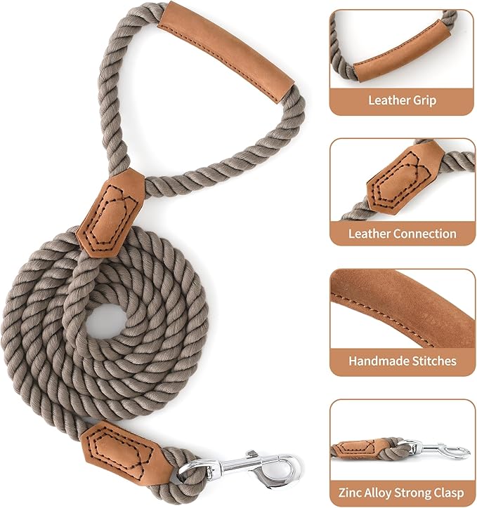 Mile High Life Dog Leash, Braided Cotton Rope Leashes with Leather Handle - Heavy Duty Metal Clasp, 6FT, 1/2" Thick - Wedding, Walking & Training Leash for Small Medium Large Dogs (Camel)