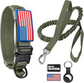 Tactical Dog Collar and Bungee Leash, Camo Military Dog Collar & Leash Set with USA American Flag Adjustable K9 Collar with Heavy Duty Metal Buckle & Handle,with Patches and Airtags Case (XL, Green)