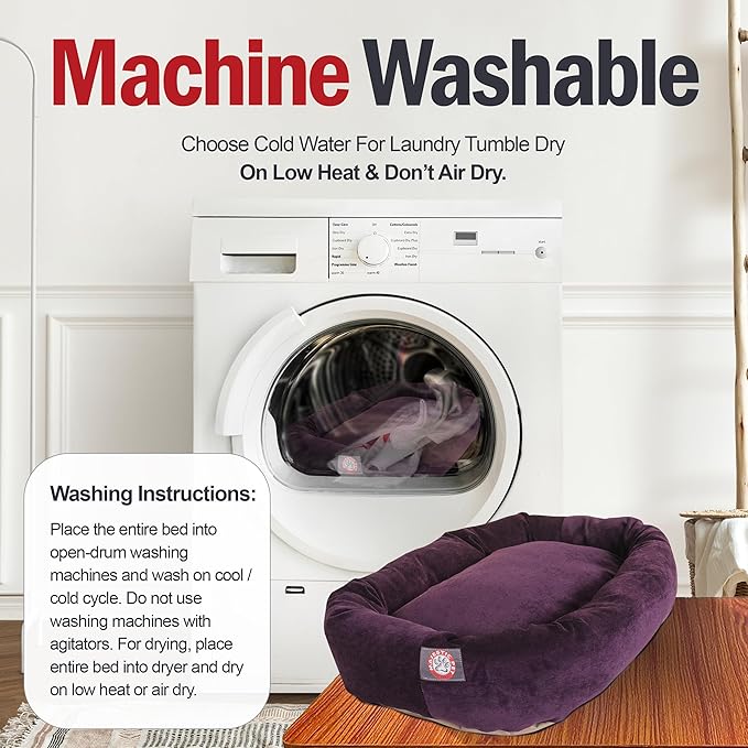 Majestic Pet 24 Inch Micro Velvet Calming Dog Bed Washable – Cozy Soft Round Dog Bed with Spine for Head Support - Fluffy Donut Puppy Mat 24x19x7 (inch) Small – Aubergine