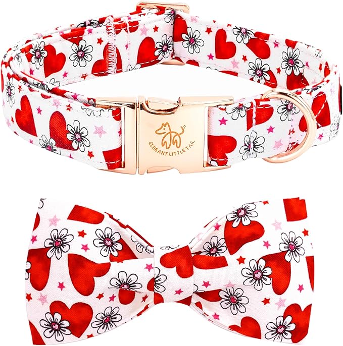 Elegant little tail Valentine's Dog Collar, Cute Pink Heart Pet Collars Soft Dog Puppy Collar Female or Male Adjustable Cotton Pet Collars with Bow for Small Medium Large Dogs
