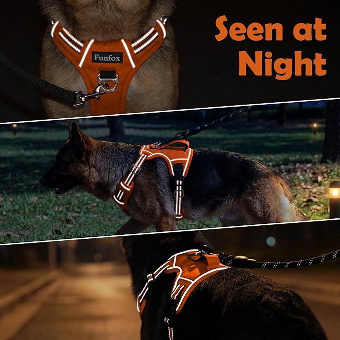 Funfox Dog Harness No Pull, Adjustable Pet Vest Harness, Super Soft Material with Vertical Handle Easy Control, Reflective Night Walking, 2 Leash Clips for Small Sized Dogs, Orange, S