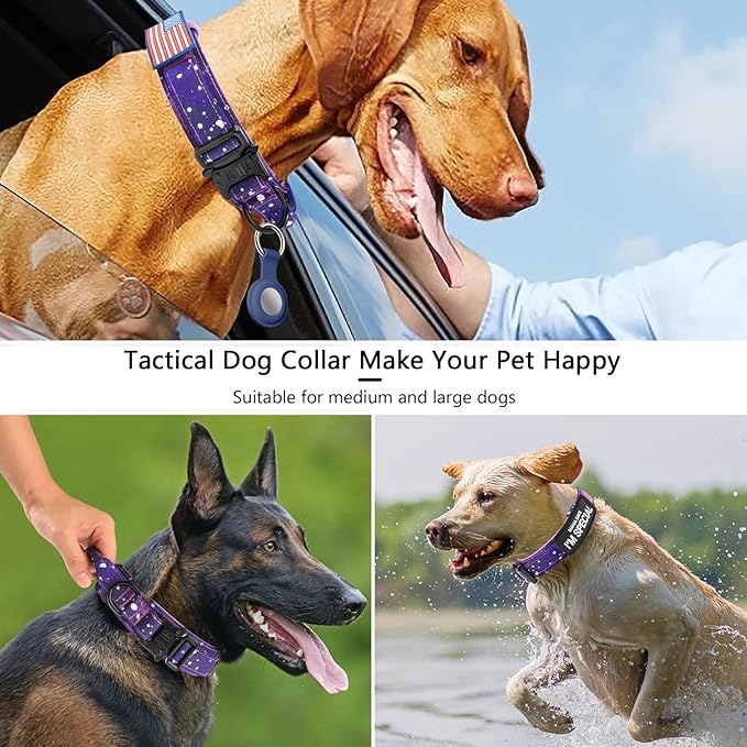 DAGANXI Tactical Dog Collar, Adjustable Military Training Nylon Dog Collar with Control Handle and Heavy Metal Buckle for Medium and Large Dogs, with Patches and Airtags Case (L, Purple Sky)
