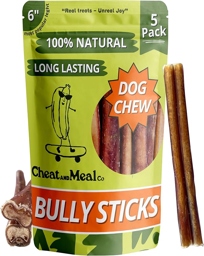 Bully Sticks for Dogs, (6 Inch, 5 Count), Dog Chew Toy for Aggresive Chewer, Long-Lasting, 100% Grass-Fed Beef Pizzle - Ideal for Medium and Large Dogs - Rawhide-Free