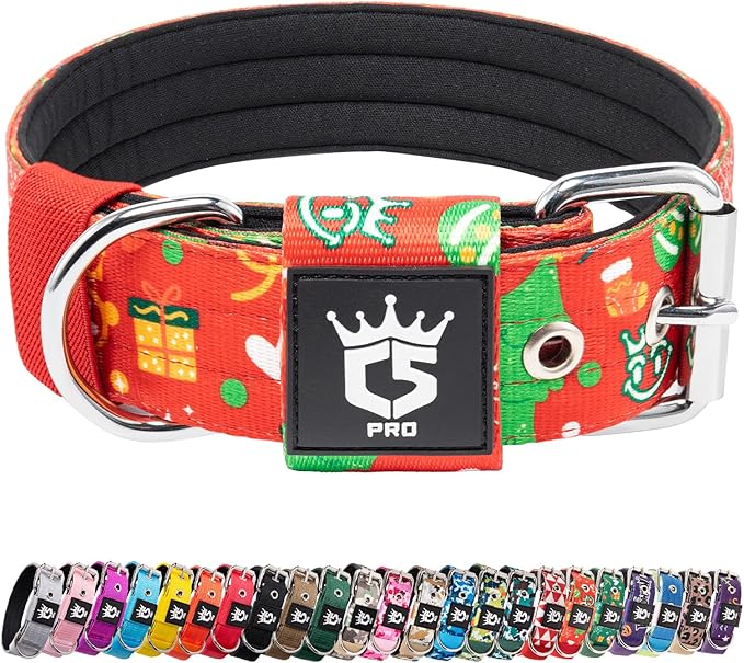 TSPRO Tactical Dog Collar 1.5 Inch Wide Thick Dog Collars with Heavy Duty Metal Buckle, Durable, Strong, Adjustable for Medium to Large Dogs (Christmas Red L)
