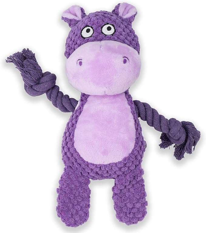 Dog Toy Squeaky Chewing Rope Stuffed Plush Animal with Crinkle Paper Interactive Soft Aggressive S-M-L Pets Gift Holiday Purple Hippo