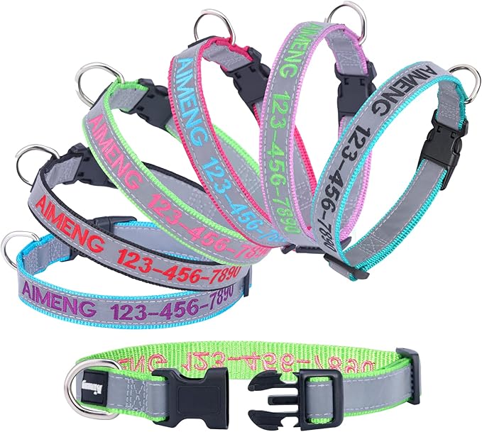 Reflective Personalized Dog Collar, Custom Embroidered with Pet Name and Phone Number for Boy and Girl Dogs, 4 Adjustable Sizes: Extra-Small, Small, Medium, Large Pet Gift