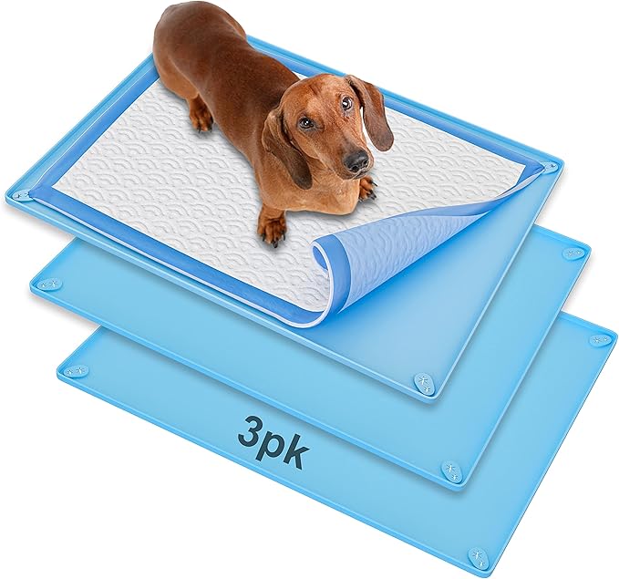 TidyFriend 3 Pk Pee Pad Holder Tray for 30” x 23” Pee Pads with Corner Lock Holes, Raised Edges, Non-Spill, Easy to Clean Silicone Dog Potty Tray Holder, for Indoor Floor Protection (Blue)