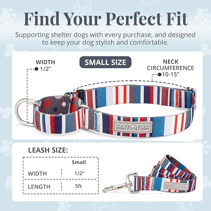 Lucky Love Dog Martingale Dog Collar & Leash - Adjustable, No-Slip, Durable, Comfortable, Soft Webbing, & Stylish Patterned Dog Collar & Leash Set for Male and Female Dogs - Linus Combo, Small
