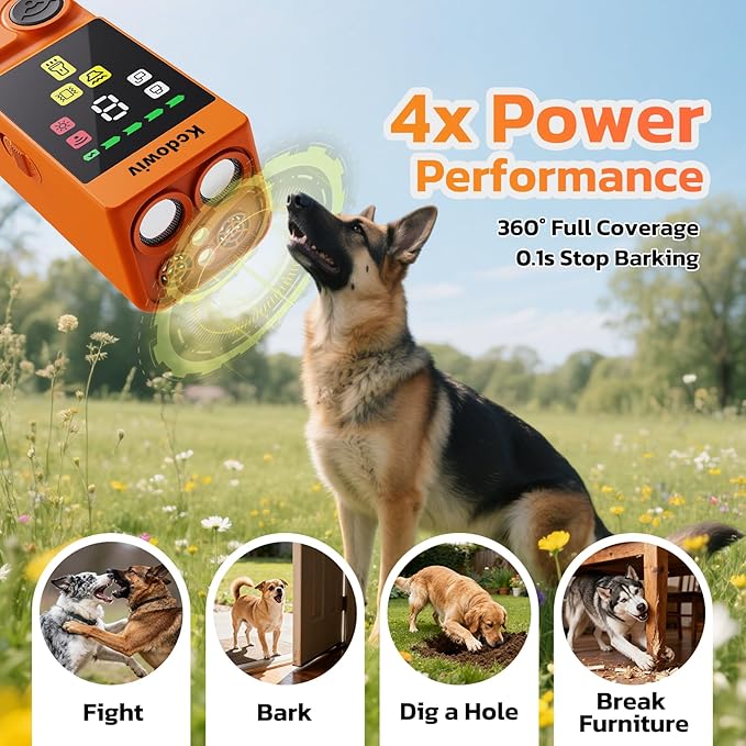 Dog Bark Deterrent Devices, Anti Barking Device for Dogs with Four Emitters, 59 ft Range, LED Flashlight, Rechargeable Handheld Trainer, Safe & Effective, Stop Neighbors Dog (Orange)