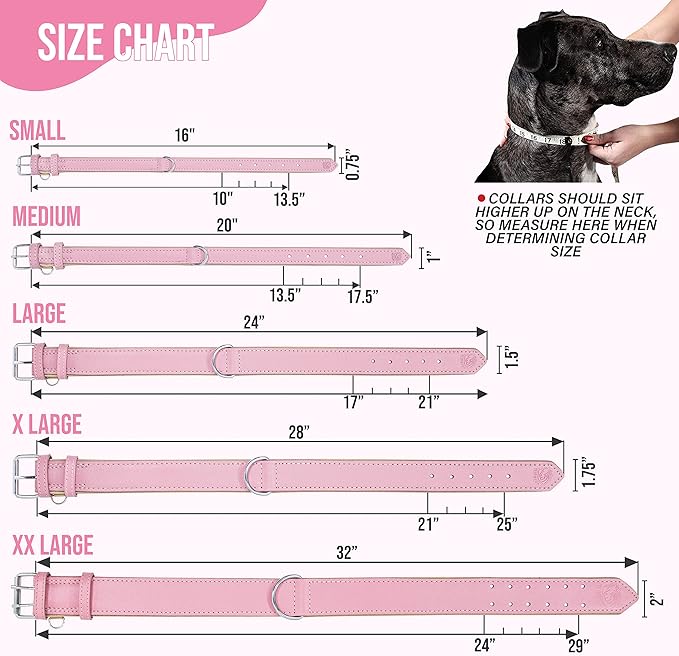 Riparo Adjustable Leather Dog Collar - Heavy Duty Wide Dog Collar for Small, Medium, Large and Extra Large Dogs with Dog Tag Holder (XXL: 2” Wide for 26”-29” Neck, Pink)