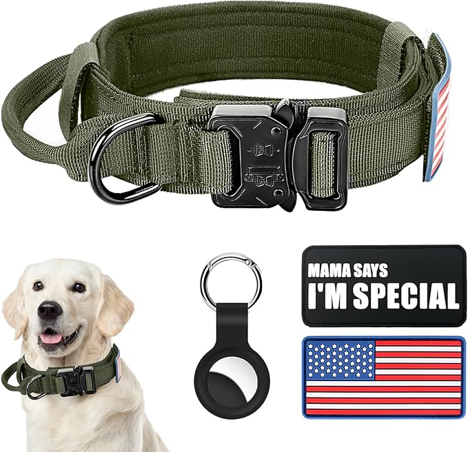 Tactical Military Dog Collar - Adjustable Nylon, Heavy Duty Metal Buckle with Handle for Training, Patches (Green, XL)