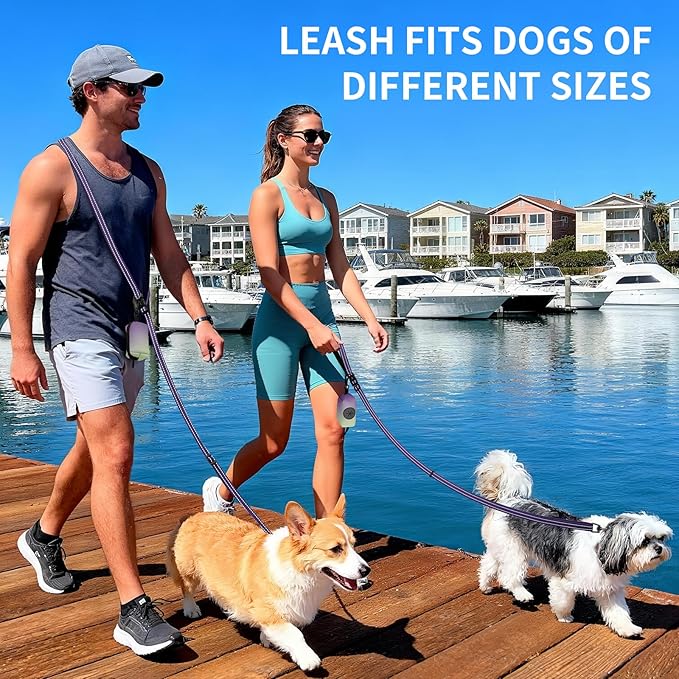 Kazazoo Hands-Free Dog Leash with Poop Bag Holder, Adjustable 4-7 Ft Waist for Dog Walking, Running for Small & Medium Dogs with Reflective Strips, Nylon Waist Belt, Deep Purple