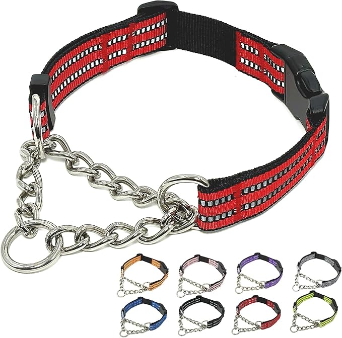 Martingale Dog Collars, Reflective Nylon Collar with Stainless Steel Chain, Adjustable Walking Training Dog Collars with Quick Release Buckle, Suitable for Small Medium Large Dogs(Red,M)