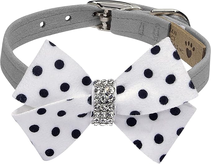 Susan Lanci Designs Ultrasuede Premium Dog Collar with Nouveau Bow, Platinum, X-Large