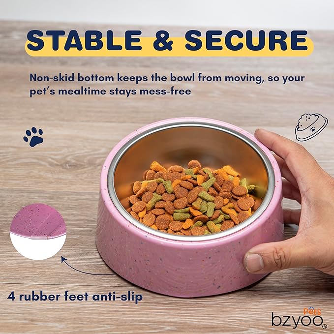 bzyoo 16oz Tilted Dog Bowl for Small Dogs & Cats, 15° Elevated Stainless Steel Pet Feeder, Ergonomic Anti-Vomiting Food Bowl for Frenchie, Pug, Persian Cat, Non-Skid Melamine Stand, Sprinkle (Pink)