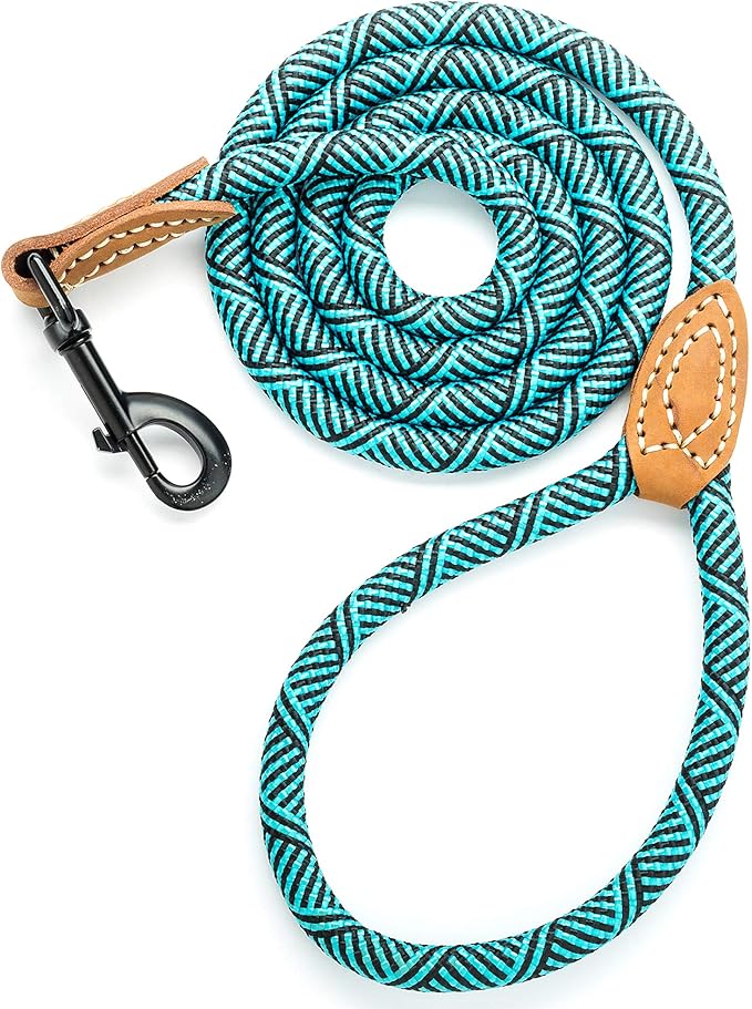 Mile High Life Rope Leash with Genuine Leather Connection, 6 FT/5 FT/4 FT, Heavy Duty Leash for Medium & Large Dogs (Turquoise Green, 60 Inch)