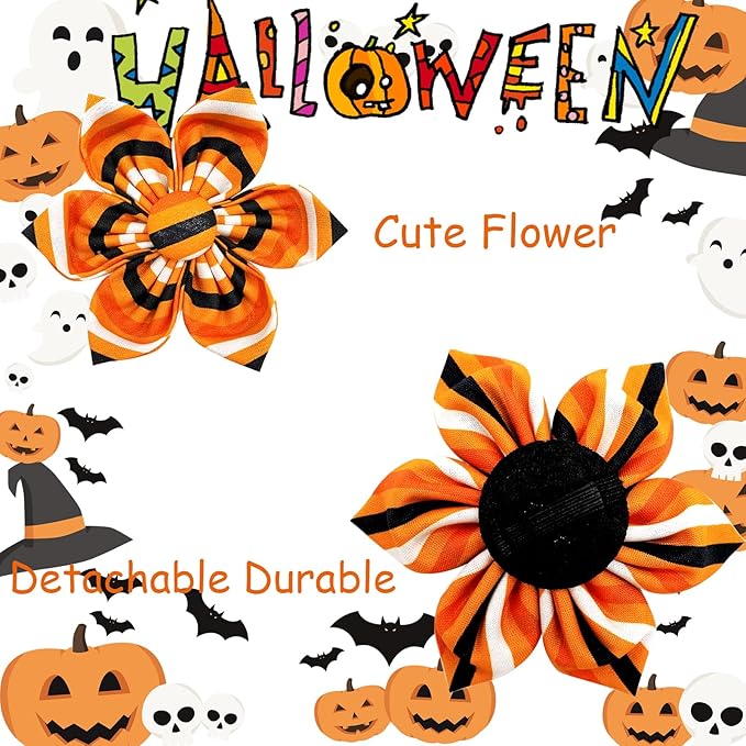 Elegant Little Tail Halloween Dog Collar - Orange Stripe Pet Collar With Flower for Small Dogs - Soft Durable Holiday Accessory